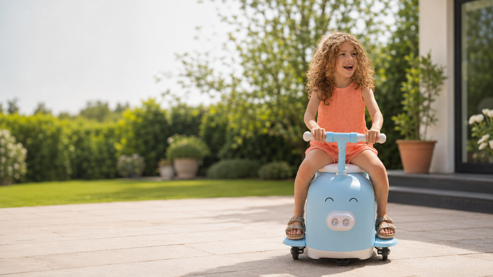 Child enjoying a Piggy ride-on on private property
