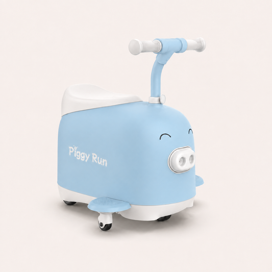 Powder blue Piggy Run C8 kids electric ride-on toy front view